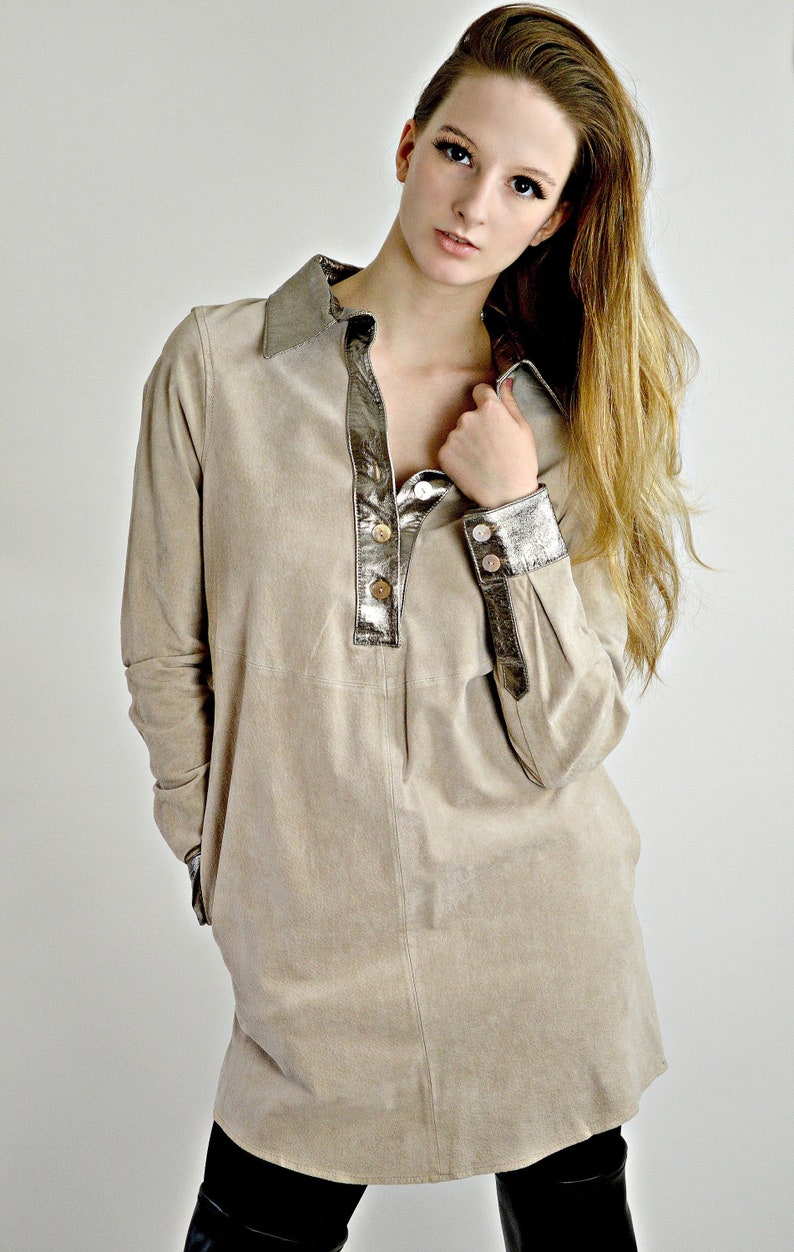 Womans Suede Shirt Womens Leather Pullover Metallic Collar Etsy