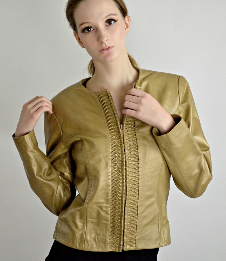 Metallic Leather Jacket Women S 90s Short 1990s Clothing Woven Elegant Fashion Vintage Gold