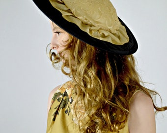 Summer Wide Brimmed Dressy Hat, Summer Party Hat, Black & Beige, Embroidered Floral, Hollywood Glam, Vincent Koven Hat, Oversized Brim