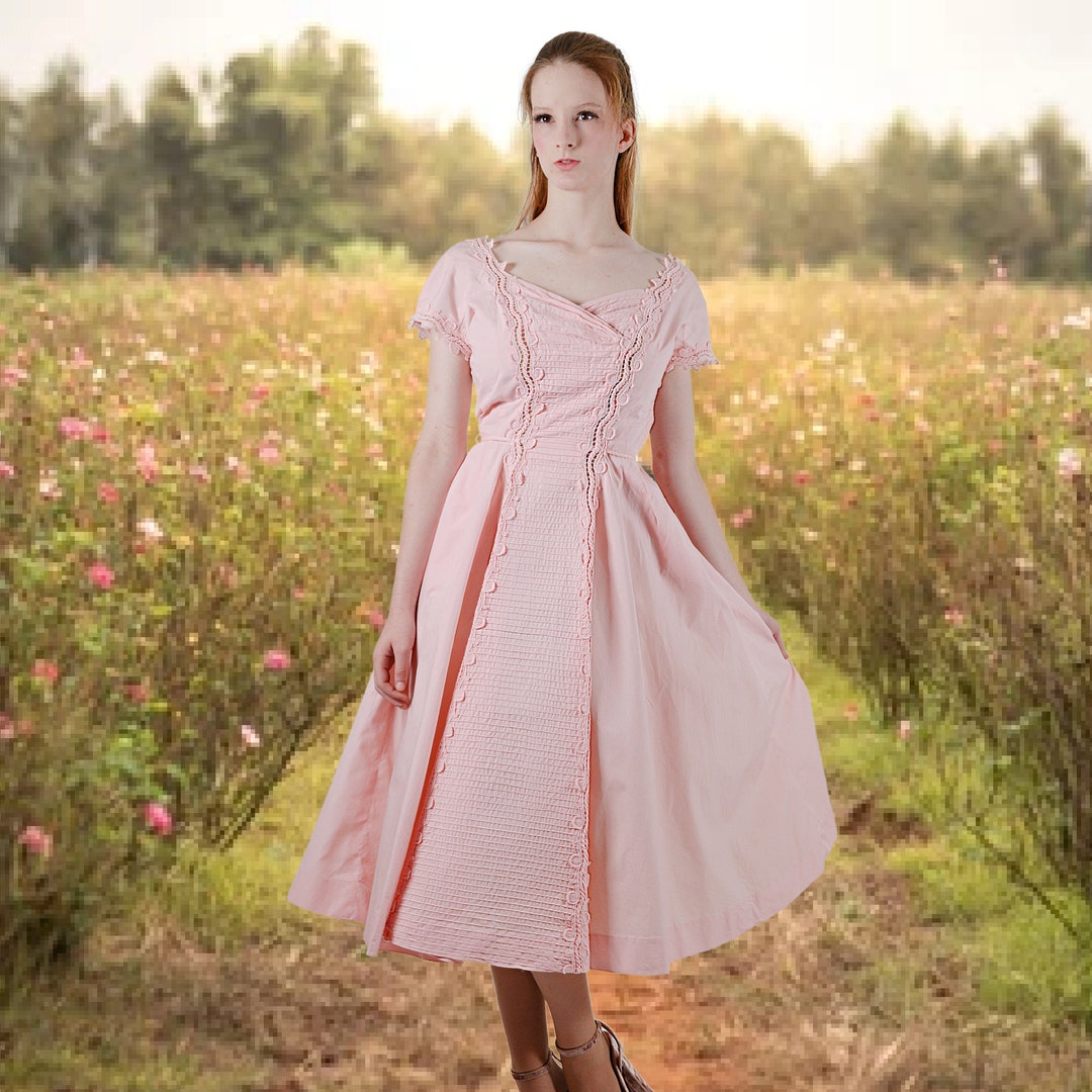 Vintage 1950s Pink Cotton Pink Fit & Flare Dress Small Retro Etsy