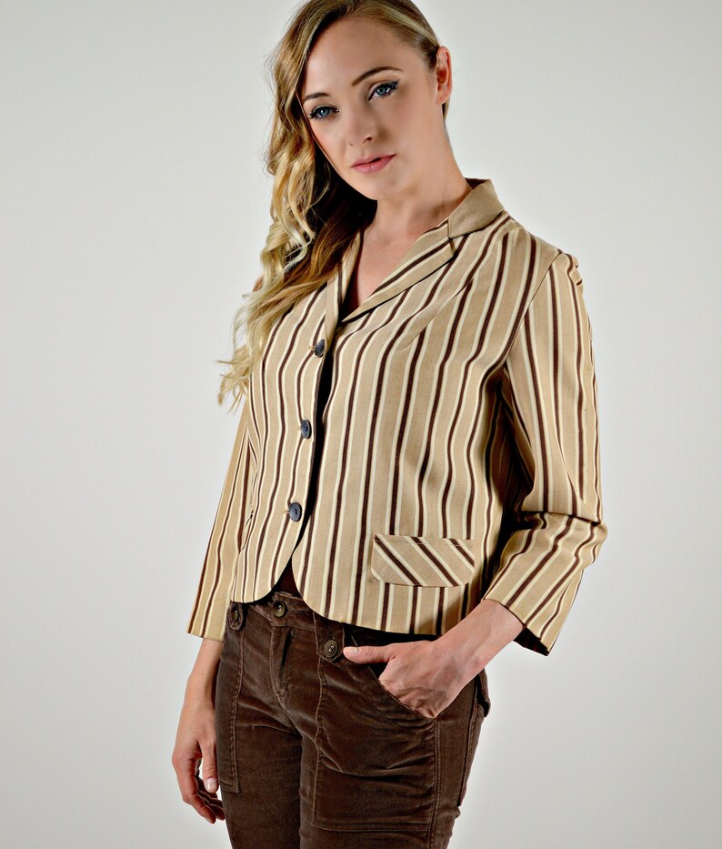 Tan /& Brown Linen Casual and Career Wear Jacket, 50s Short Stripped Jacket