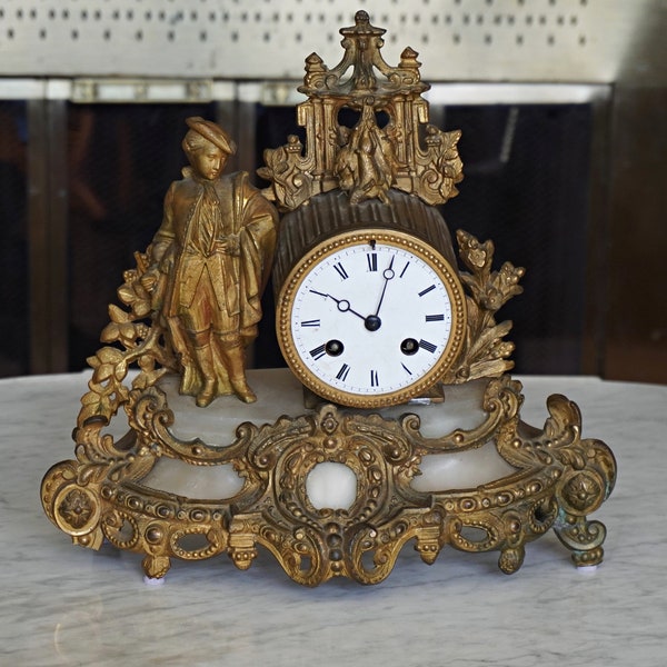 Louis XIV Clock, Gilded Bronze,Fireplace Mantel, Country Manor, Hollywood Regency Glam,