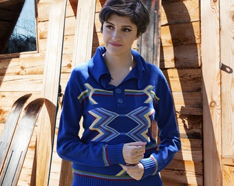 Blue Fair Isle Sweater Large, Scandinavian Design, Ski Sportswear, Vintage Puritan,