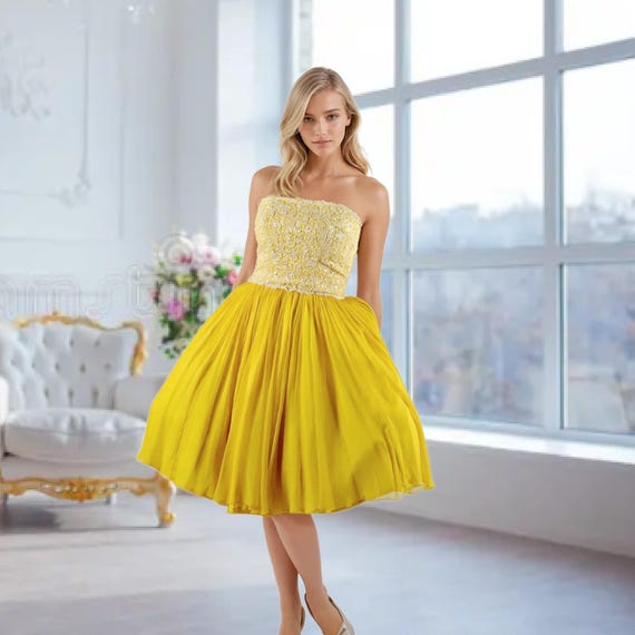 Vintage 1950s Silk Chiffon Dress: Canary Yellow Lace Strapless Cocktail  Party Small - Etsy Israel