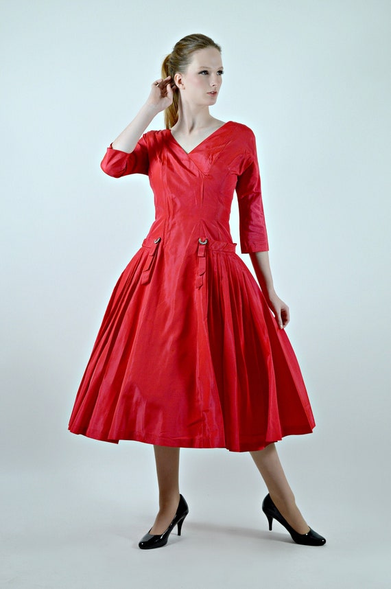 Vintage 50s Red Swing Dress Small, Taffeta Cocktai