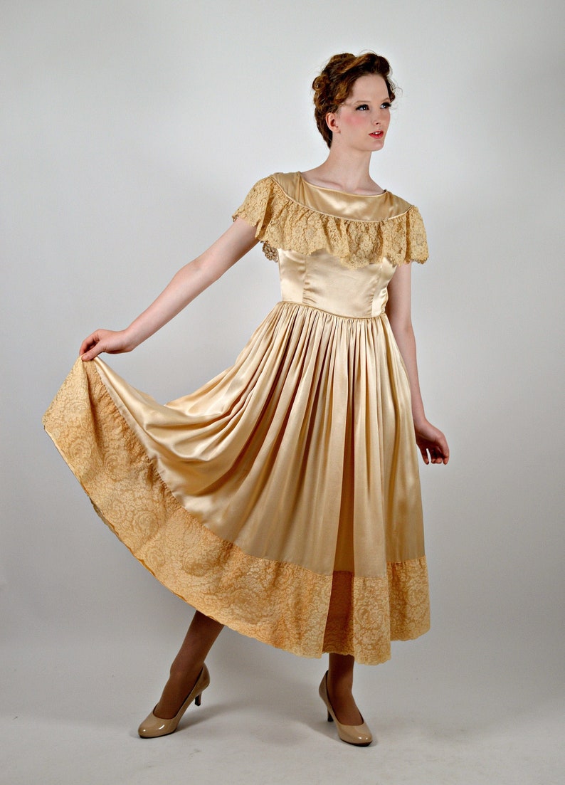 Fit and Flare Silk /& Lace Vintage Wedding Bridal 1950s Gold Dress 50s Formal Special Occasion Dress