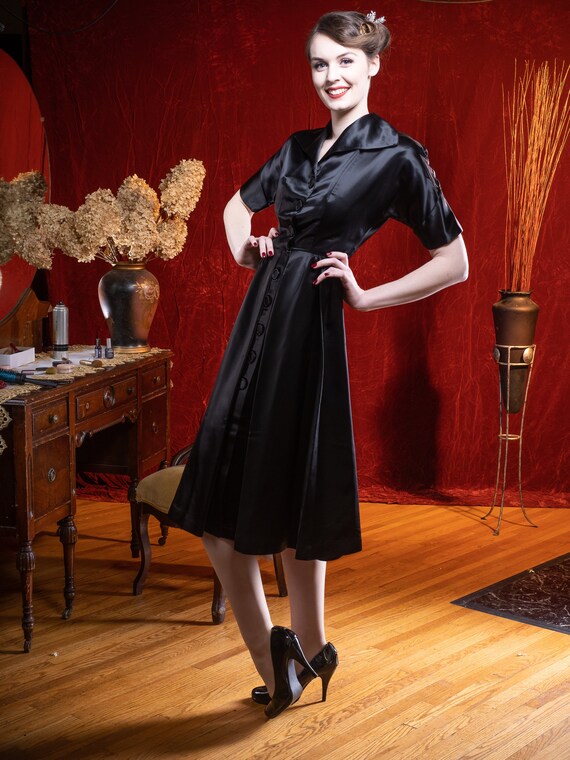 black satin fit and flare dress