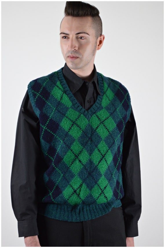 Mens Argyle Sweater Vest, Intarsia Knit, Preppy St