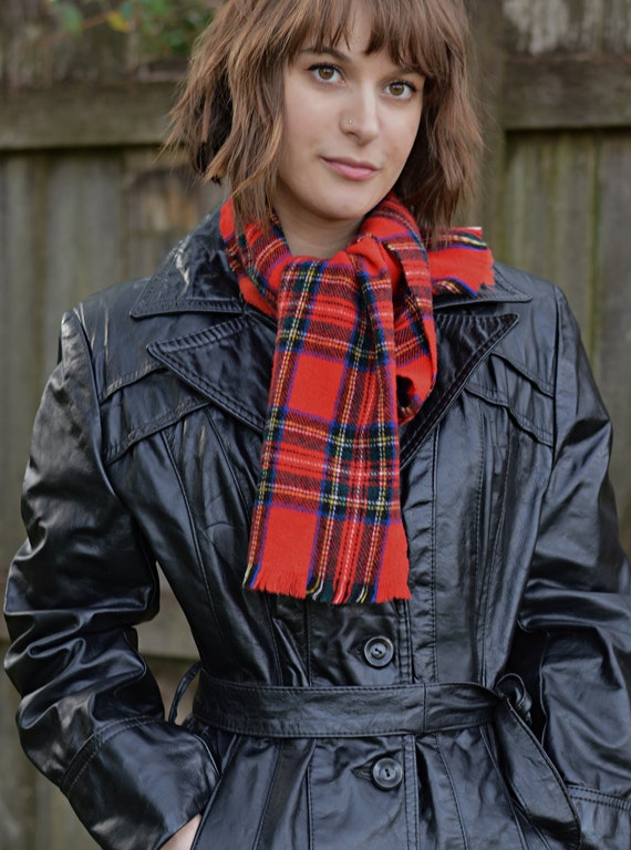 Vintage Red & Black Tartan Scarf, New Lambs Wool, 