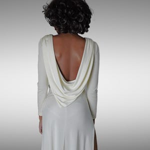 Ivory Backless Maxi Dress, Draped Neck,  Halloween Disco Queen, 1970s Simple Formal Gown,