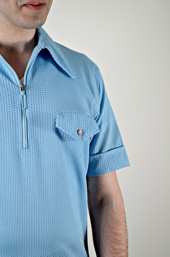 Mens  Blue Mesh Shirt, Zipper Front, Vintage 1970… - image 1