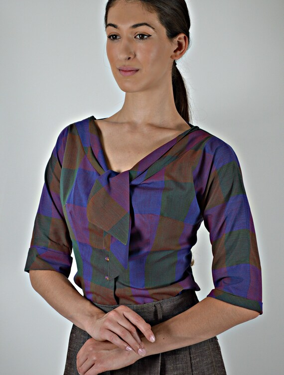 50s Plaid Blouse, Fall Winter, Secretary Blouse, C