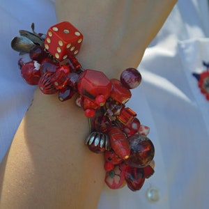 Found Object Red Charm Bracelet, Wearable Art Jewelry, Hand Crafted 90s Jewlerly