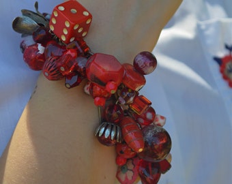 Found Object Red Charm Bracelet, Wearable Art Jewelry, Hand Crafted 90s Jewlerly