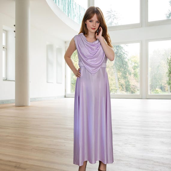 Purple Lavender Disco Gown: 70s Draped Neck Maxi Dress