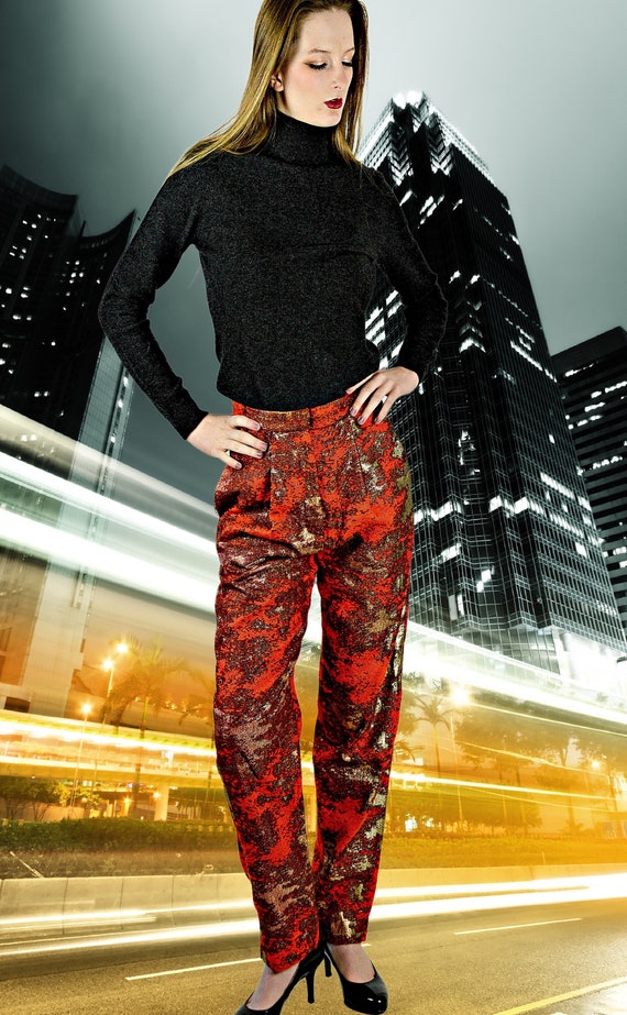 Red Metallic Baggy Pants, Holiday Slacks, Metallic