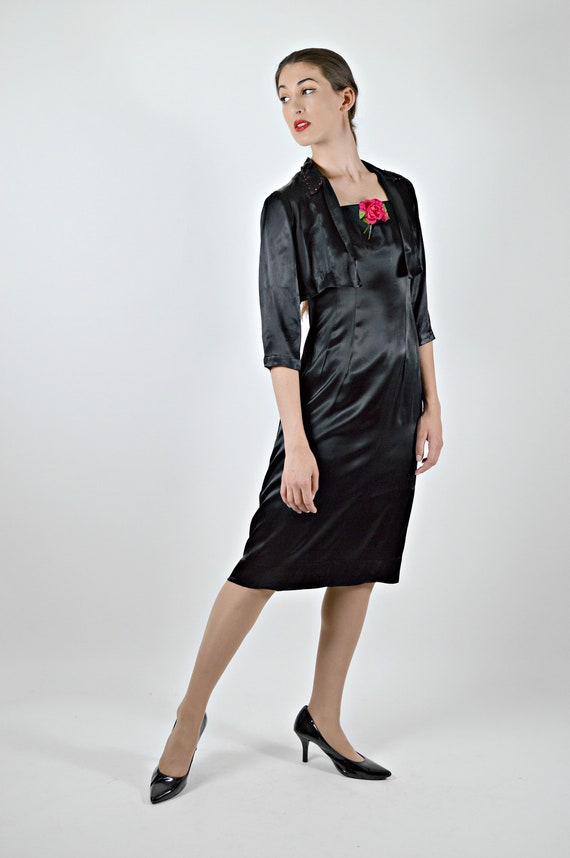 30s Black Dress, Matching Bolero Jacket, Satin and