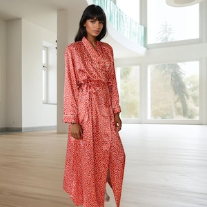 Red Polka Dot Holiday Robe, Sleeky Satin Gift for Her, Vintage Bridal Shower, Retro Loungewear