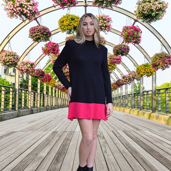 Mini Sweater Dress, Black and Pink, Vintage St Jo… - image 1