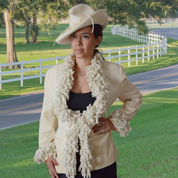 Beige Fringe Blazer Jacket, Looped Velvet  Fringe Trim, Single Breasted, Funky Style, Citi by Yansi Fugel,