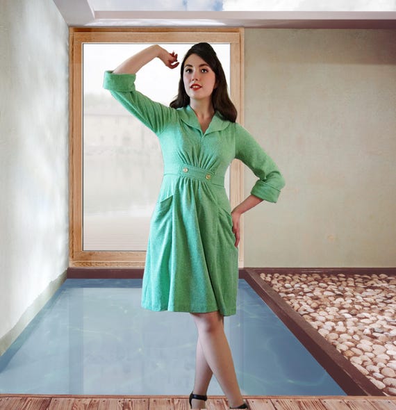 Women's Deep Mint Green 40s Style, Vintage 1970s Fashion, Cozy Casual Look  for Summer