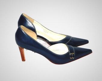 Ralph Lauren Navy Blue Pumps, Point Toe Stiletto Heeled, Elegant Sporty, Size 8M