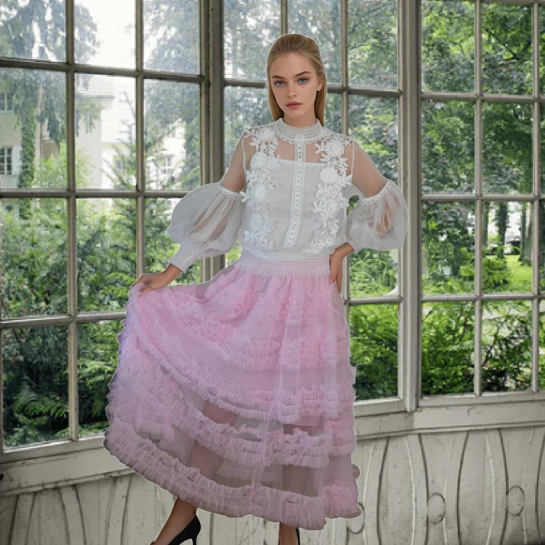 Balletcore Pink Ruffled Mesh Skirt , Sheer High-waist, Maxi Tutu, One