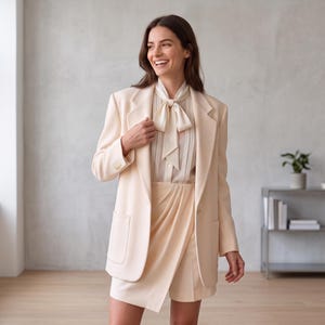 May include: A cream-colored blazer with notched lapels and two front pockets, worn over a matching cream-colored blouse featuring a pussy-bow neckline and vertical stripes, paired with a cream-colored wrap-style skirt with a pleated front detail.