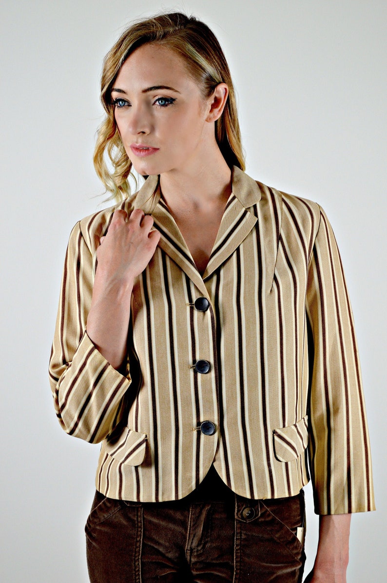 Tan /& Brown Linen Casual and Career Wear Jacket, 50s Short Stripped Jacket