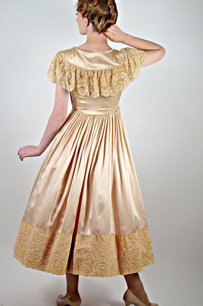 Fit and Flare Silk /& Lace Vintage Wedding Bridal 1950s Gold Dress 50s Formal Special Occasion Dress