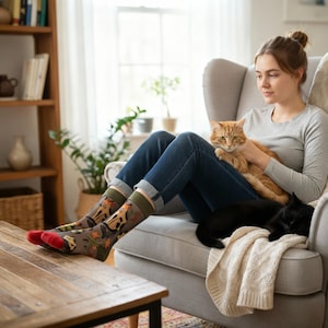 May include: A person wearing patterned socks with cats and autumn leaves, sitting in a chair with two cats. The socks have a red toe and green cuff. The cats are orange and black.