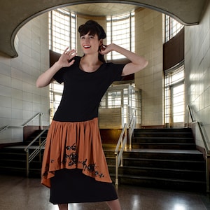 1940s Black & Burnt Orange Dress Large, Cocktail Party, Asymmetrical Peplum Drop Waist