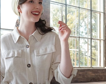 Vintage 90s Linen Safari Jacket Medium: Women's Beige Travel Coat, Peck & Peck