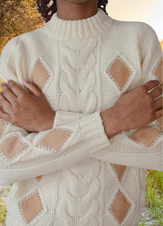 Leather Patchwork Wool Sweater, Creme Cable Knit,… - image 5