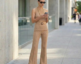 Sleeveless Camel Ribbed Top & Flare Pants, High Waist, Knit 3 Piece Set, Western Vibe Outfit