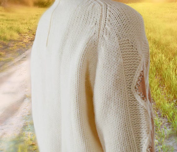 Leather Patchwork Wool Sweater, Creme Cable Knit,… - image 7