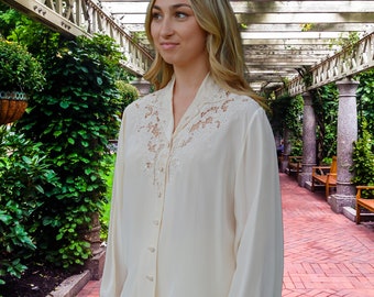 Beige Silk Embrodered Blouse, V-neck Collared Top, Gift for Mom