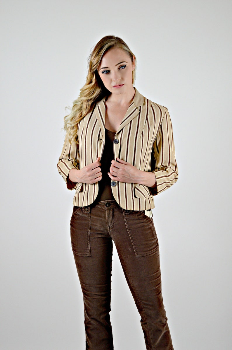 Tan /& Brown Linen Casual and Career Wear Jacket, 50s Short Stripped Jacket