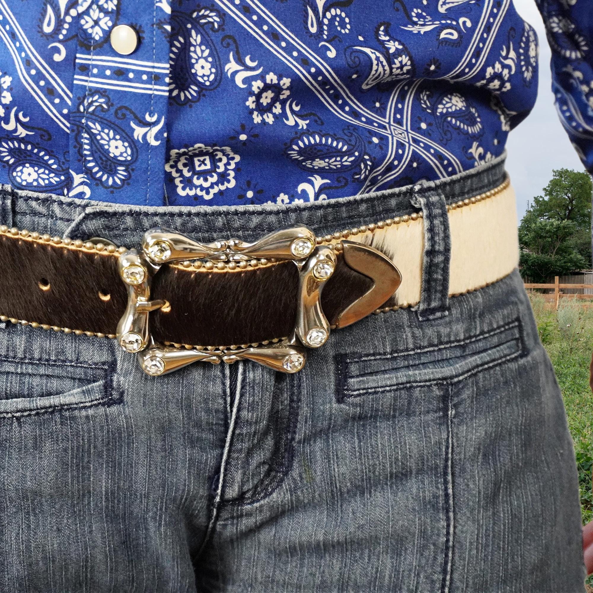 Vintage BB Simon Hair-on-hide Belt: Swarovski Crystal Buckle 