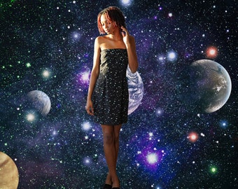 Celestial Strapless Dress, Black with Stars and Plants, Mini Dress with Pockets, Size Small