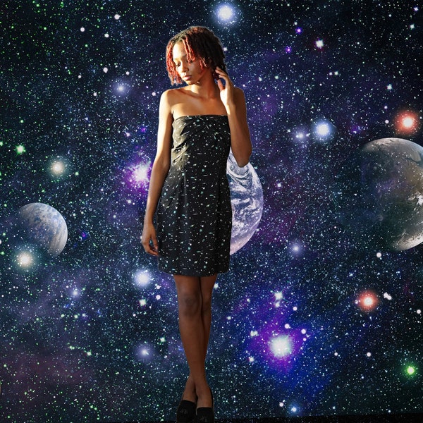Celestial Strapless Dress, Black with Stars and Plants, Mini Dress with Pockets, Size Small