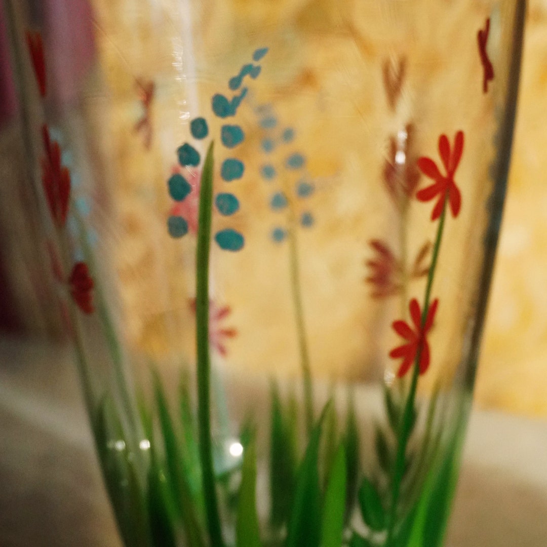 Hand Painted Floral Vase, Simple Style, Orange Blue & Green Flowers