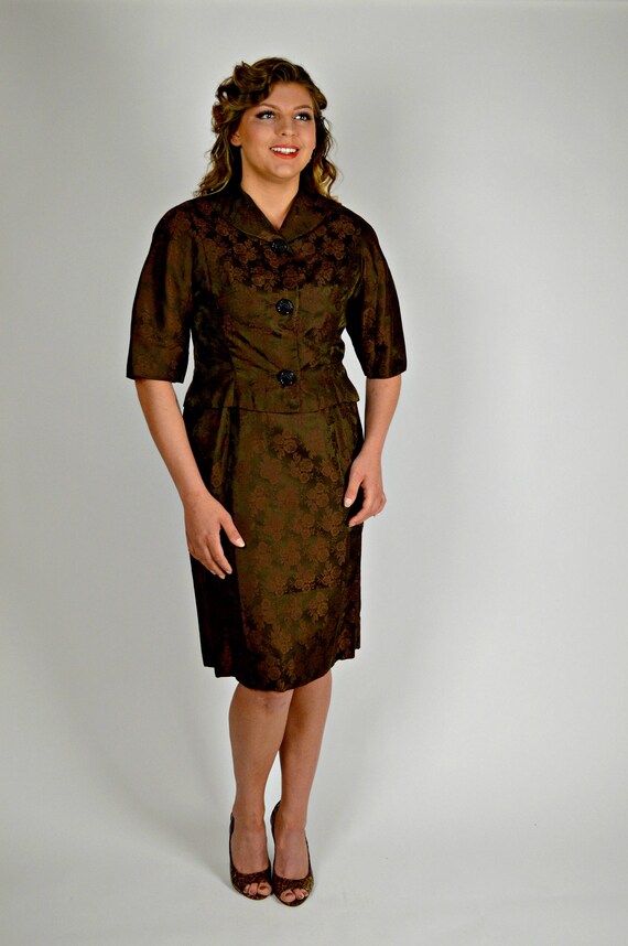 1950s Brocade Suit, Plus Size, Chocolate Brown, Mo