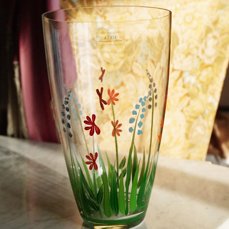 Hand Painted Floral Vase, Simple Style, Orange Blue & Green Flowers