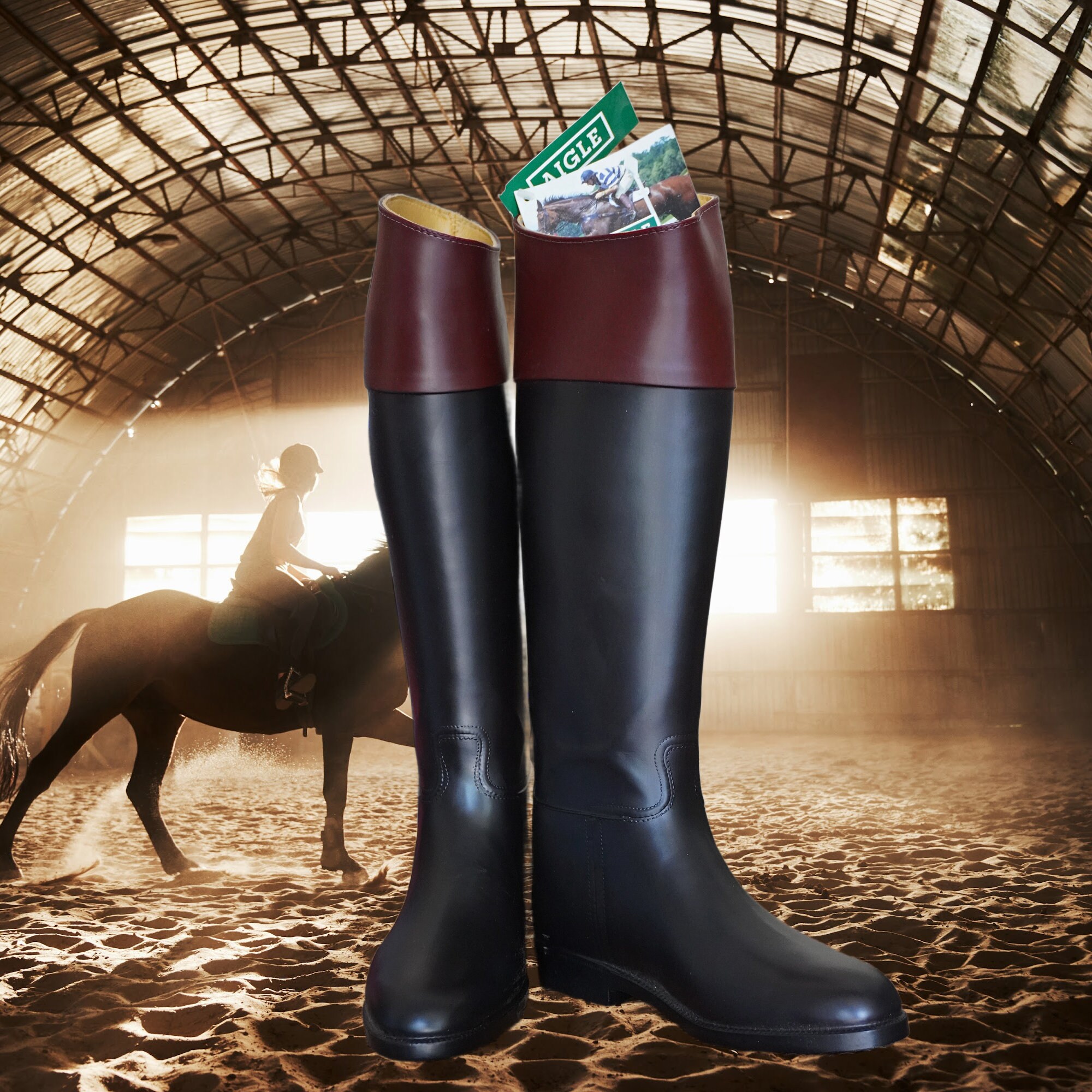 English Fox Hunter Boots, Tall Rubber Boots, Black & Brown English Fox Hunter Boots, Tall Rubber Boots, Black & Brown