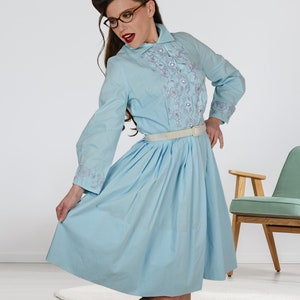 1950s Girl Dress Costume, BabyBlue, Embroidered Fit & Flare, Cotton Swing Dress, Size Small