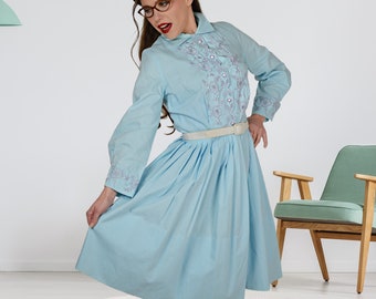 Baby Blue Womans Easter Dress, Fit & Flare, Cotton Circle Skirt Dress, Vintage 1950s, Size Small
