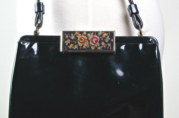 Black Patent Leather Purse, 1960s Purses, Patent … - image 1