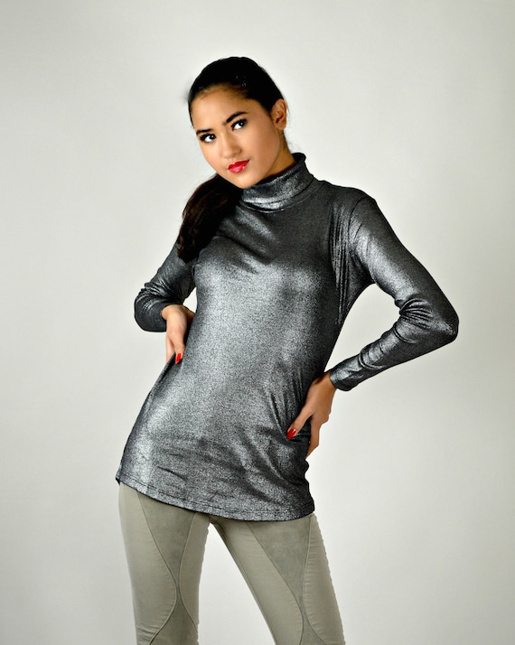 90s Sweater, Metallic Silver Top, Holiday Turtlene