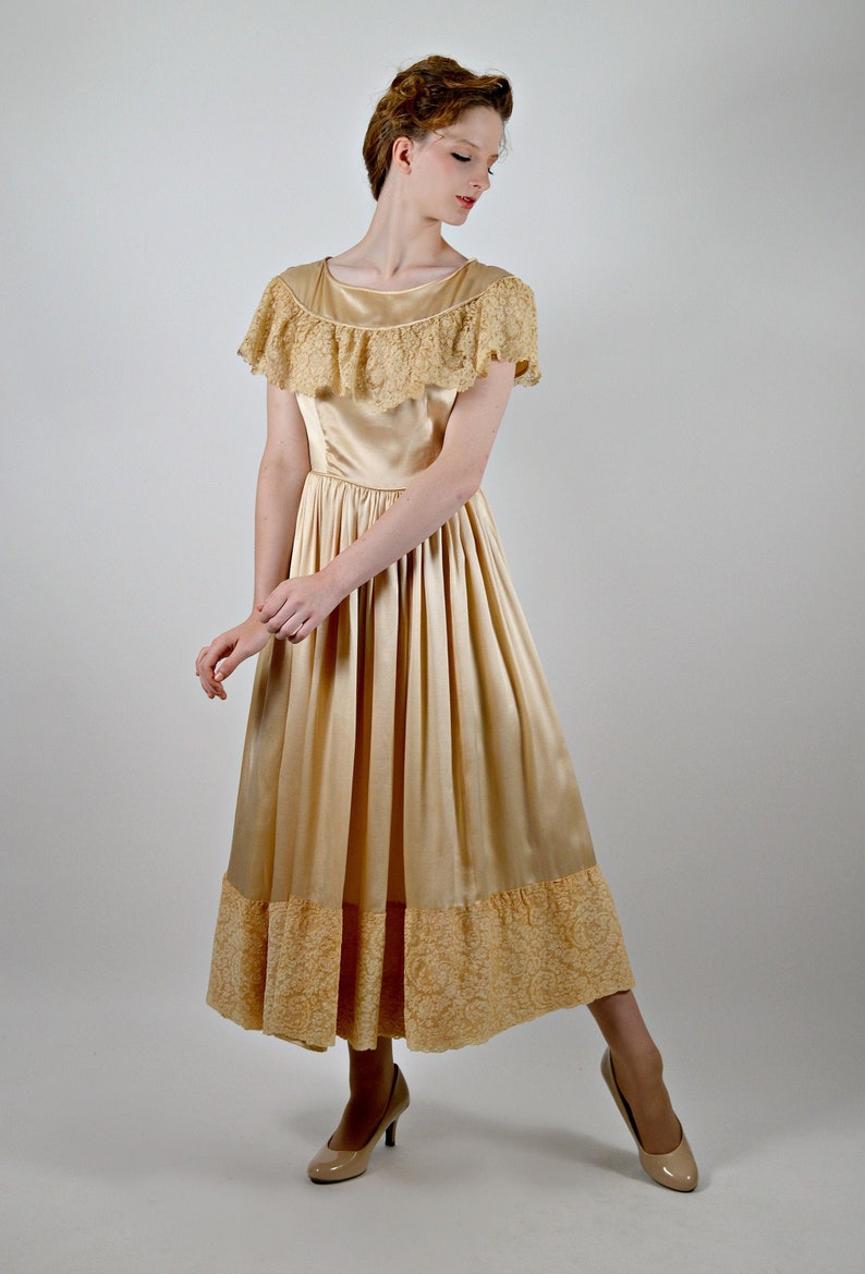 Fit and Flare Silk /& Lace Vintage Wedding Bridal 1950s Gold Dress 50s Formal Special Occasion Dress